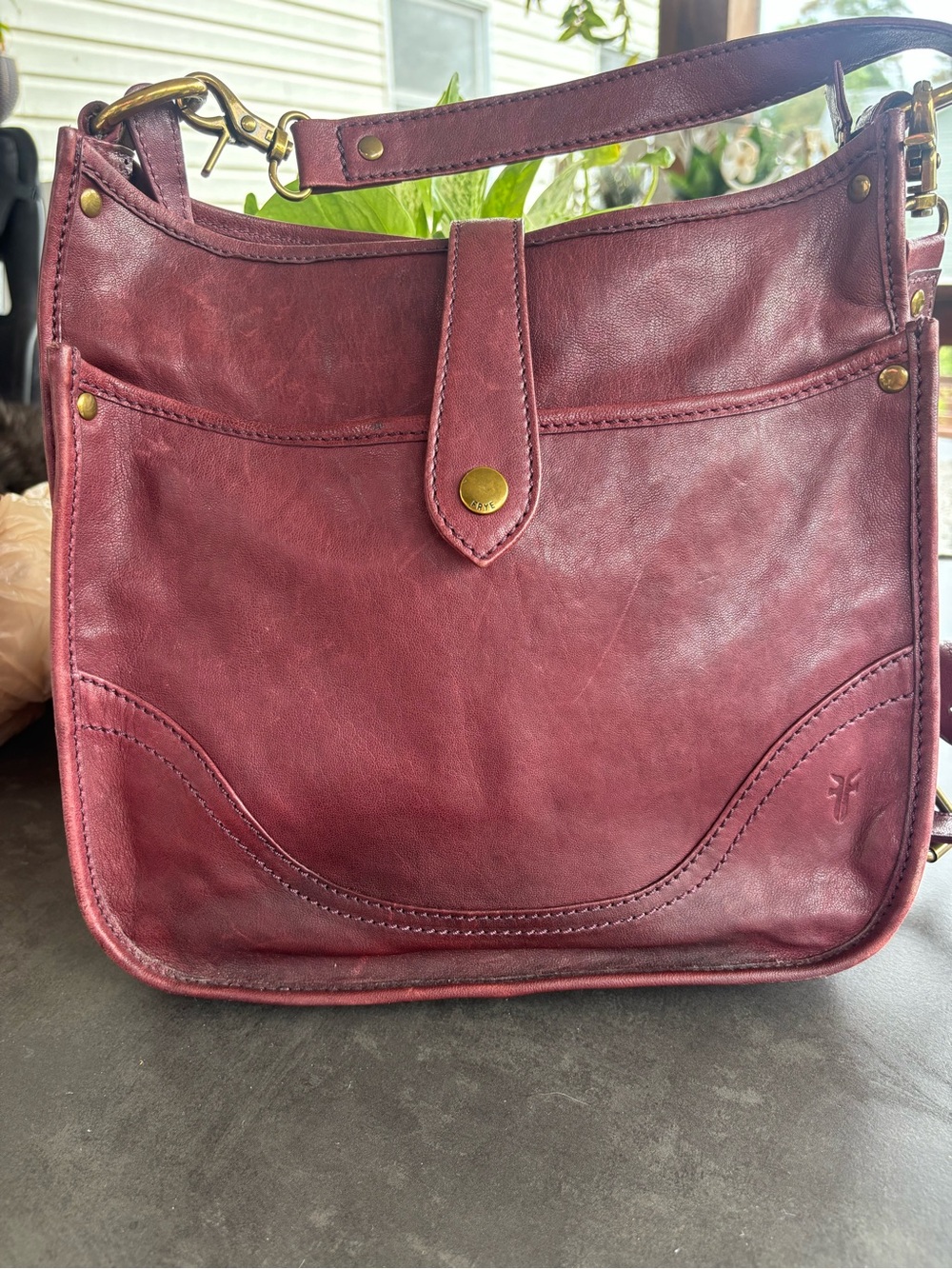 Frye Deep Wine Leather Shoulder Bag with Brass Hardware